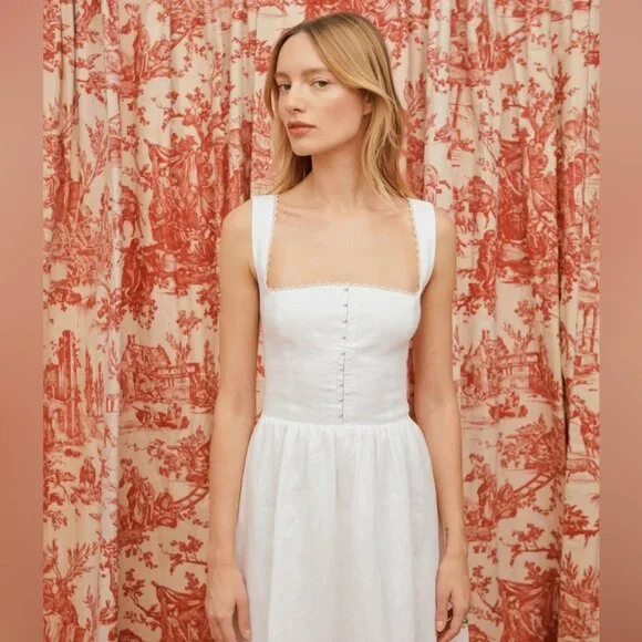 NEW Reformation Tagliatelle Linen Midi Dress in White Lace Detail | size 0 - Picture 4 of 13